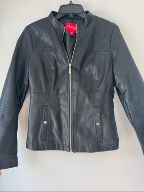 GUESS Black Moto Biker Faux Leather Jacket Gold Front & Wrist Zippers